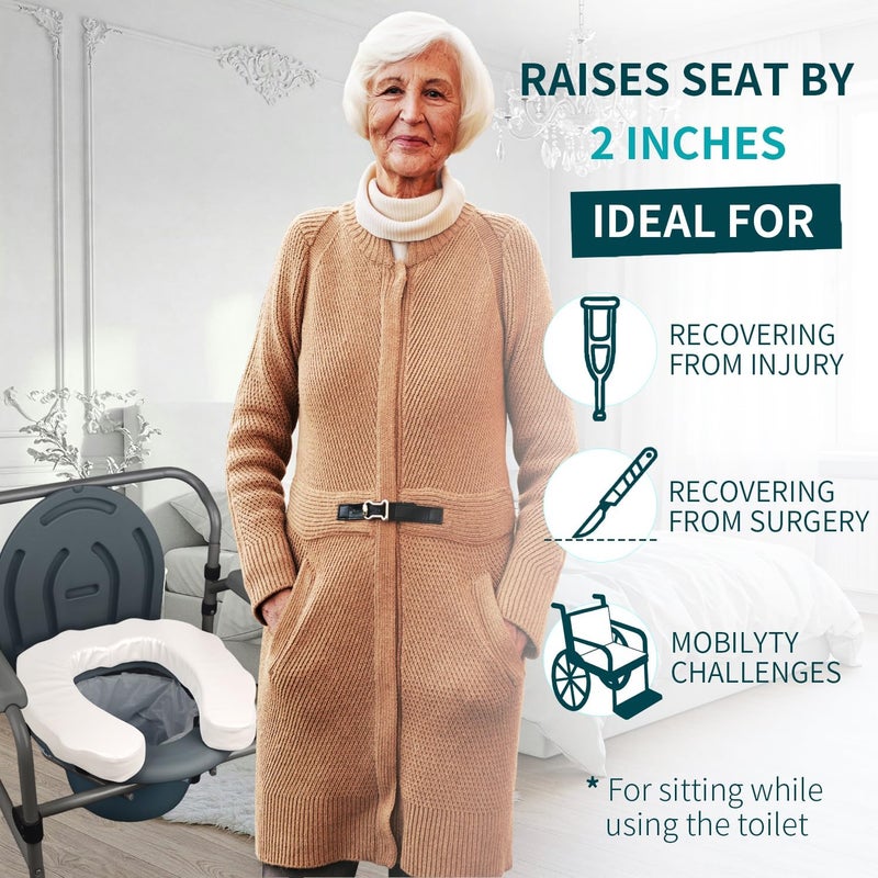 QIUCHA U-Shaped Padded Commode Seat Cushion – 2" Thick Raised Toilet Booster Pad for Seniors, Bedside Commode Chair, Potty Seat Riser – Universal Fit 16x15, Soft Foam, Non-Slip Straps - Image 2